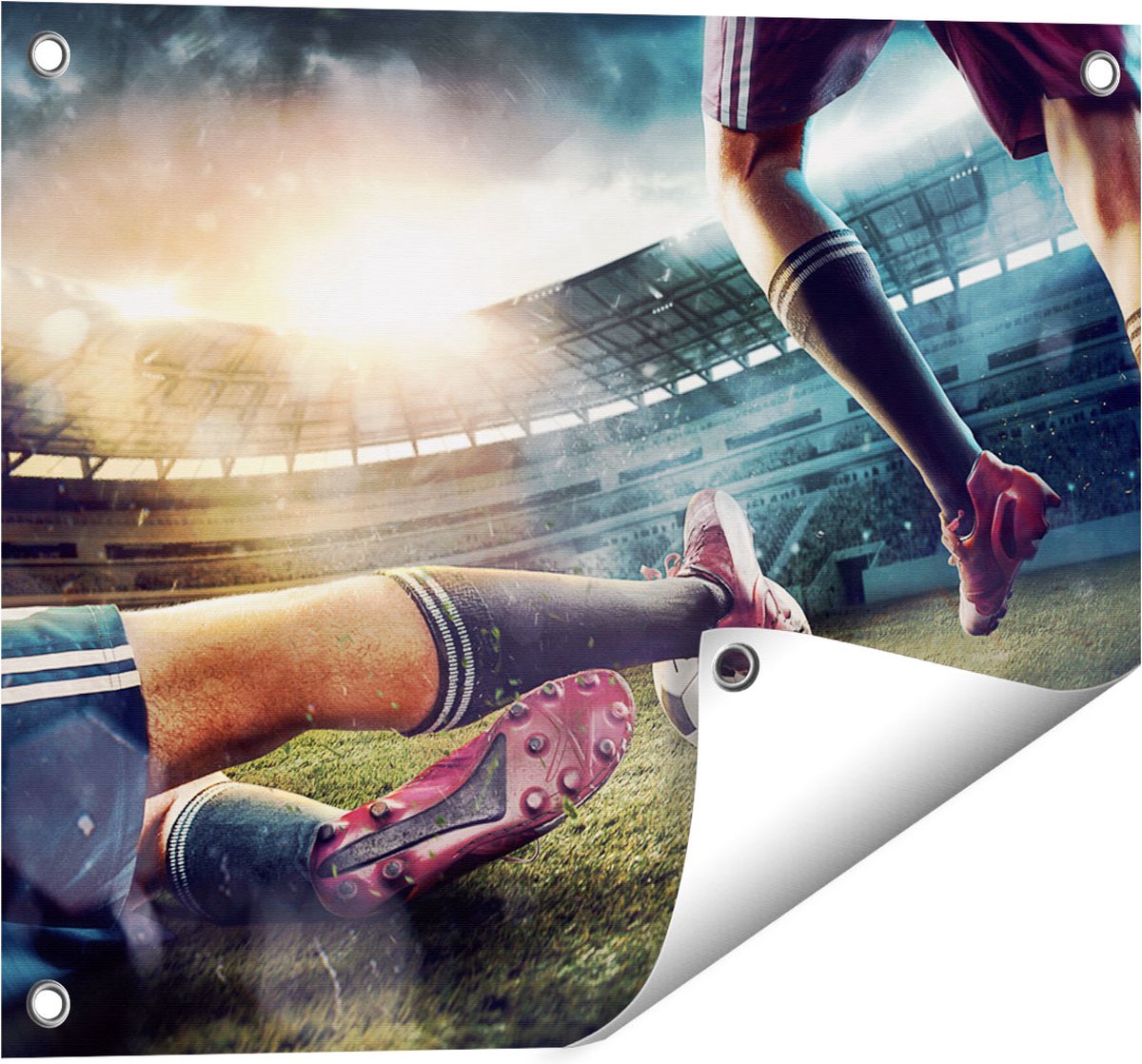 Gards Tuinposter Voetbal Sliding in het Stadion - 50x40 cm - Tuindoek - Tuindecoratie - Wanddecoratie buiten - Tuinschilderij Multikleur