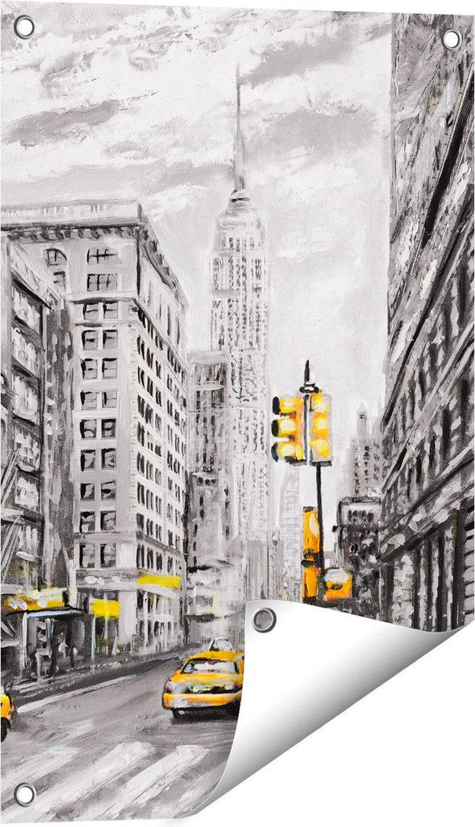 Gards Tuinposter Geschilderde New York Tekening - Zwart Wit - 40x60 cm - Tuindoek - Tuindecoratie - Wanddecoratie buiten - Tuinschilderij Multikleur