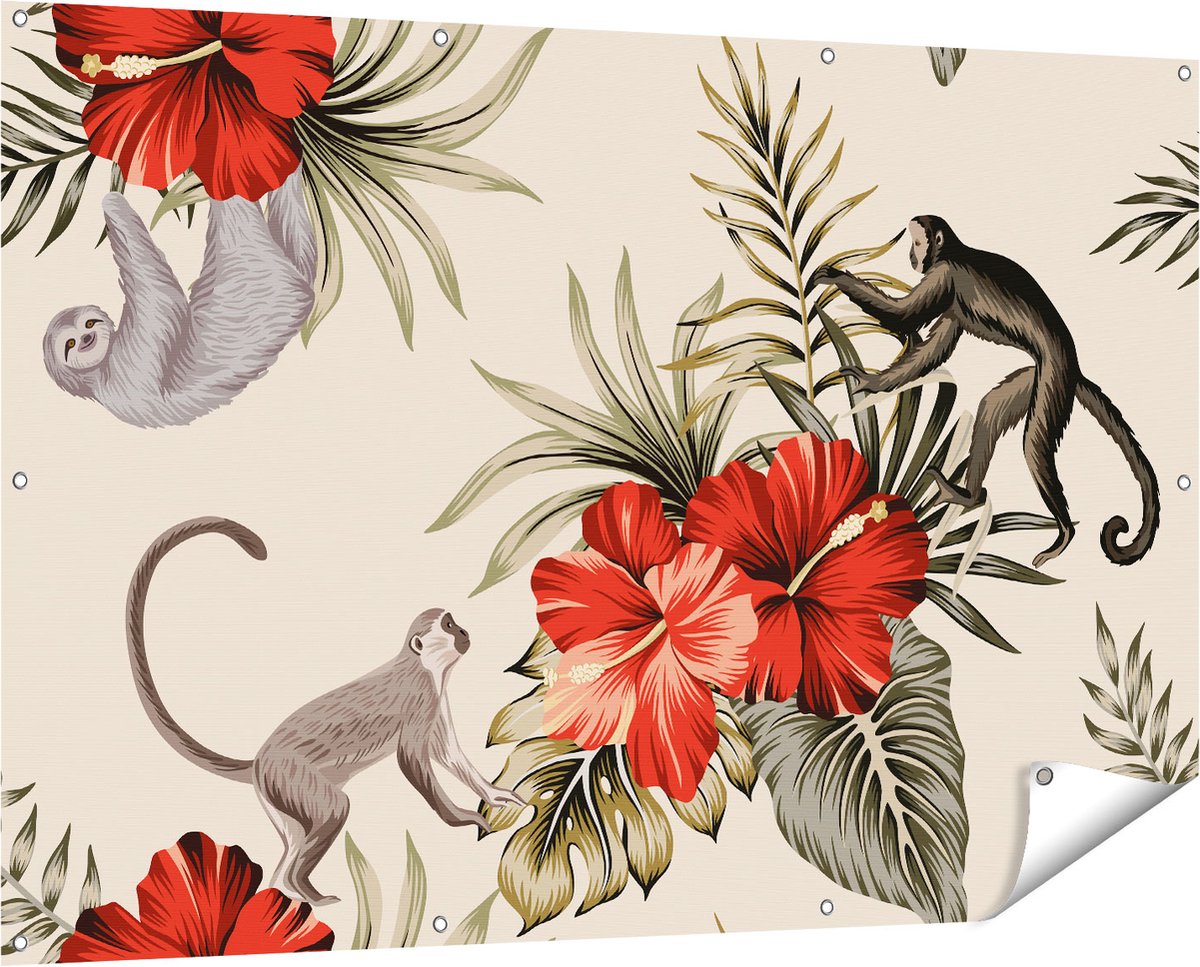 Gards Tuinposter Tropische Bloemen met Apen Achtergrond - 150x100 cm - Tuindoek - Tuindecoratie - Wanddecoratie buiten - Tuinschilderij Multikleur