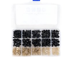 Veiligheidsoogjes - Deluxe - 142 stuks - beer oogjes - 6-12MM - knuffel oogjes - inclusief sluitringen - Bruine sluitringen - Met Opbergdoosje -Zwart -