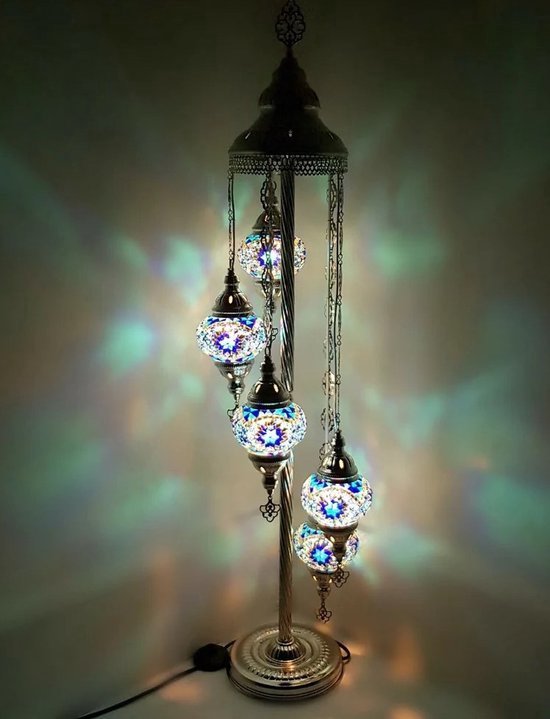 Lampe Turque Lampadaire Mosaïque Marocain Oriental Handgemaakt Blauw 5 ampoules