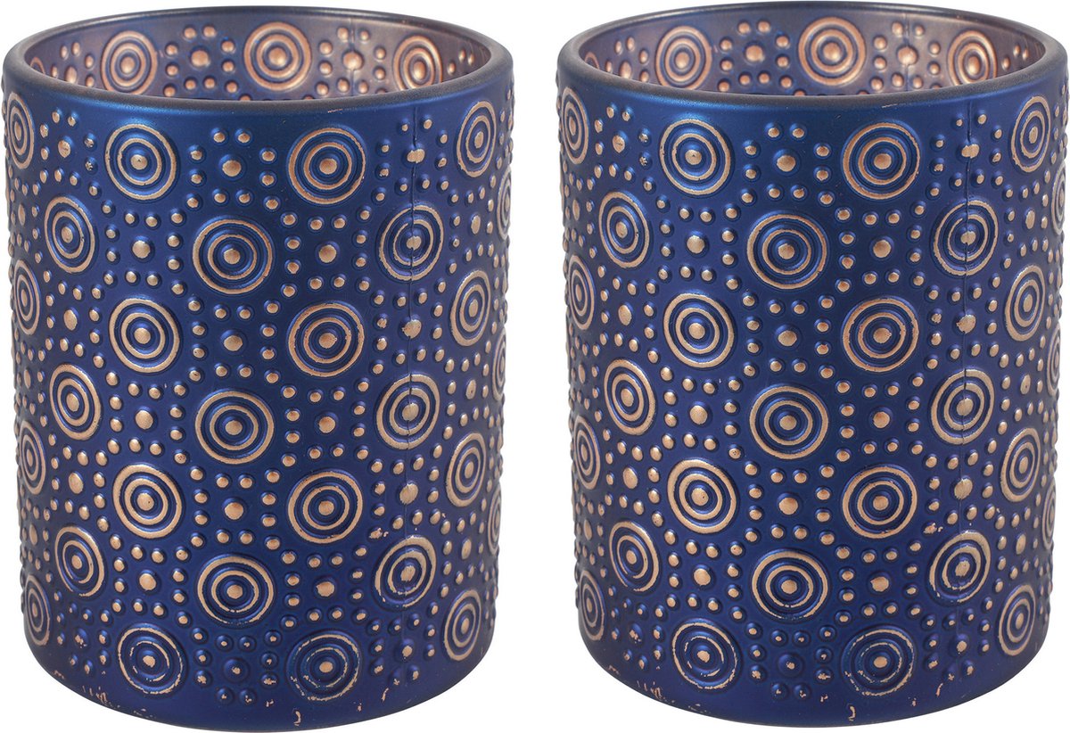 Countryfield Luxe theelichthouder - 2x stuks - Fantasy - glas - nachtblauw/goud - D8 x H10 cm
