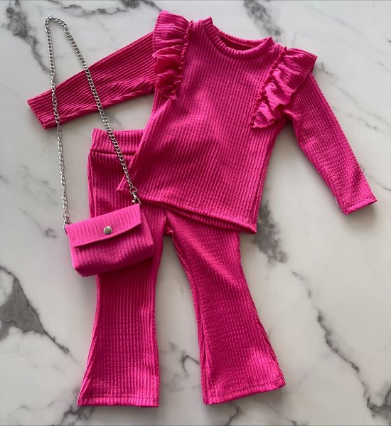 Baby/peuter 3 delig meisjes setje "Roze" bestaande uit een flared pants, trui en een bijpassend tasje, verkrijgbaar in de maten 74/80 t/m 98/104