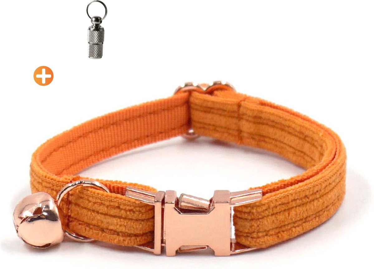 ACE Pets Kattenhalsband met belletje – Halsband Kat & Kitten - Kittenhalsband & Kattenbandje - Kattenbelletje - Pluche velvet - Corduroy oranje