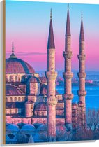 Hout - Sultan Ahmetmoskee in Istanbul met Roze Blauwe Lucht - 70x105 cm - 9 mm dik - Foto op Hout (Met Ophangsysteem)