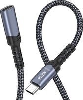 NÖRDIC USBC-N1158 - Nylon gevlochten USB-C verlengkabel - 100W Power Delivery - 4K60Hz video en Emarker - 10Gbps - 2m - Zwart