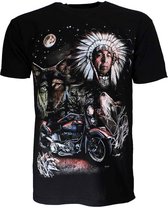 Native American Indiaan Motor Wolf Maan T-shirt Zwart