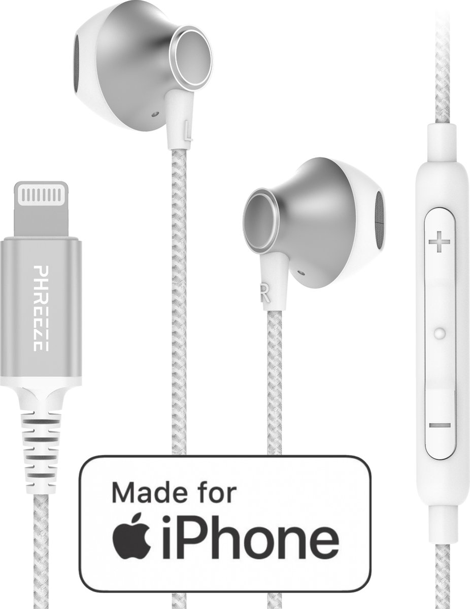 Phreeze Lightning Oortjes met Draad - Apple MFI Gecertificeerd - Gevlochten Kabel - Pure Bass - Crystal Clear Microphone - Geschikt voor iPhone - Oordopjes Bedraad