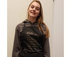 Keukenschort zwart met grappige tekst bedrukt cadeau vaderdag  liefde is Schort Kookschort Kokschort verjaardag man vrouw huwelijk valentijn bruiloft vriend partner samenwonen samenlevingscontract vriendin mama papa opa oma vrouwen dames mannen heren