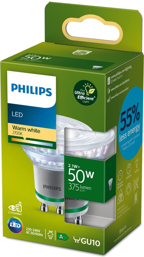 Philips Spot - 2,1 W - 50 W - GU10 - 375 lm - Blanc chaud