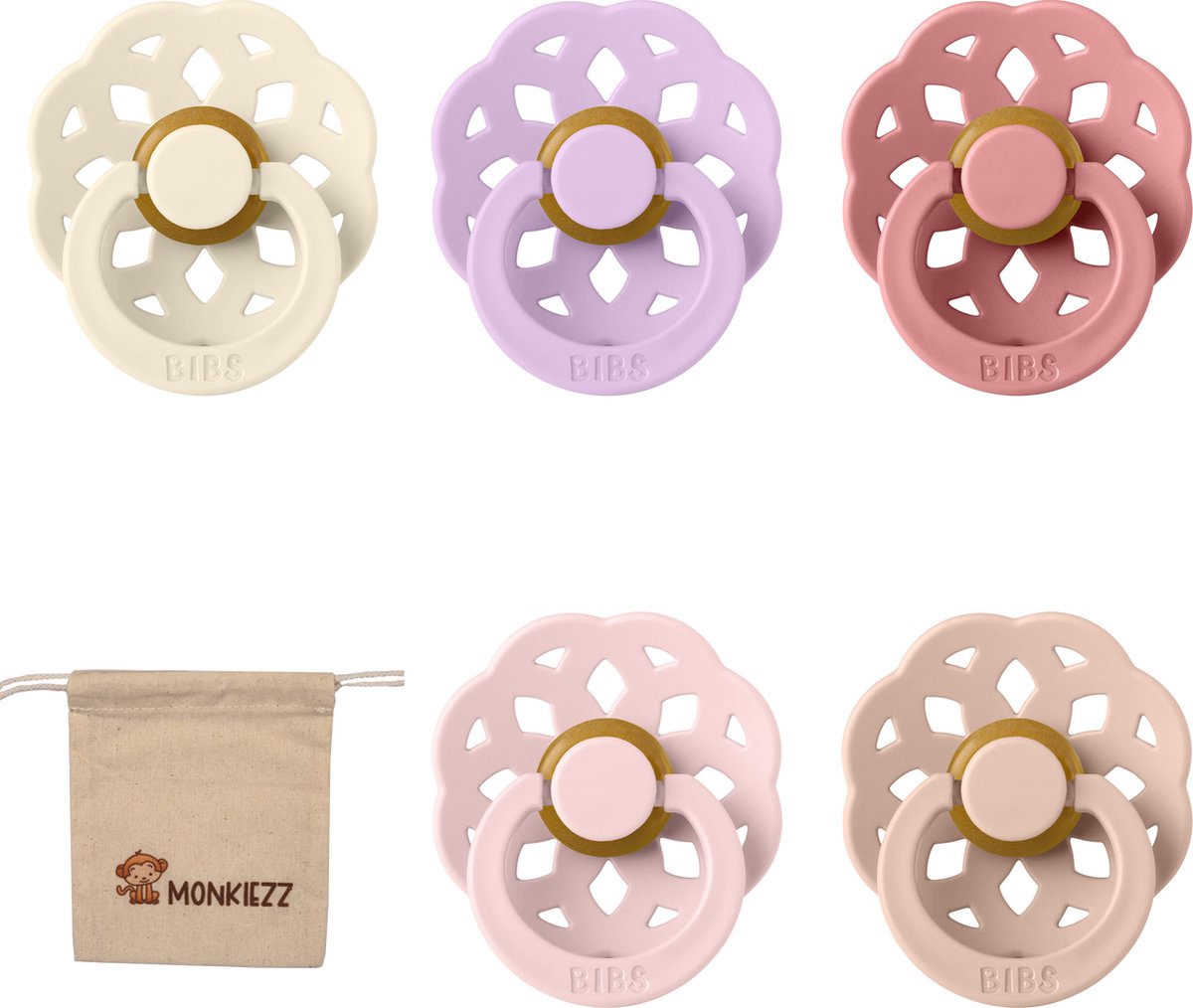 Goedkoopste Bibs boheme fopspenen - Maat 1 0-6 maanden -Ivory, Dusky Lilac, Dusty Pink, Blossom, Blush Monkiezz speenzakje