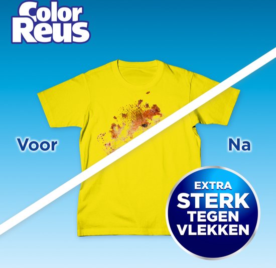 T-shirt jaune avec taches, avant et après, avec le logo Color Reus.