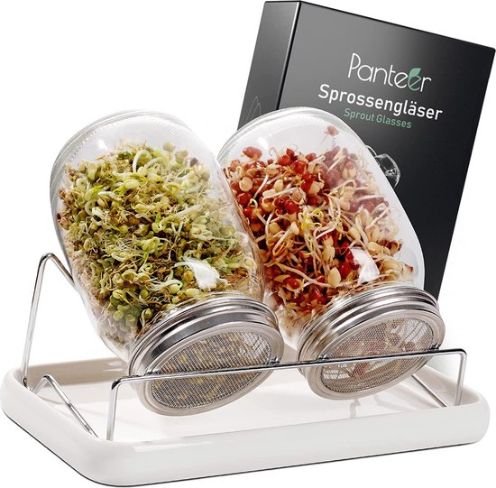  - Kiemglas voor kiemglas, 940 ml, met premium roestvrijstalen deksel en zeef (type 316), met keramische schaal en metalen houder, kiemglas voor kiemen en kiemplanten (2)