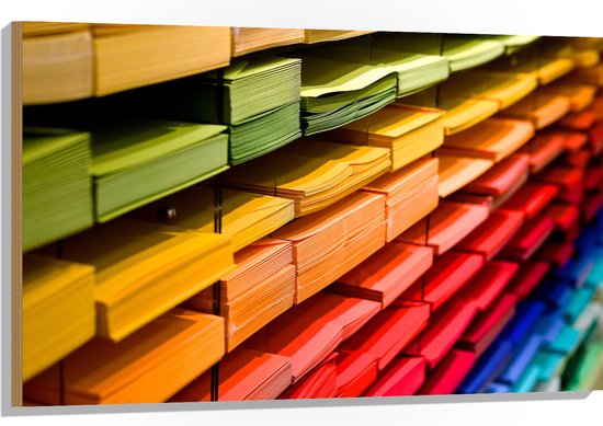 Hout - Verschillende Kleuren Papier in het Schap - 105x70 cm - 9 mm dik - Foto op Hout (Met Ophangsysteem)