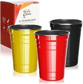 3x RVS drinkbekers zwart, rood, geel - hoogwaardige bekers 500 ml - campingbekers - breukvast en BPA-vrij (03 stuks - zwart/rood/geel)