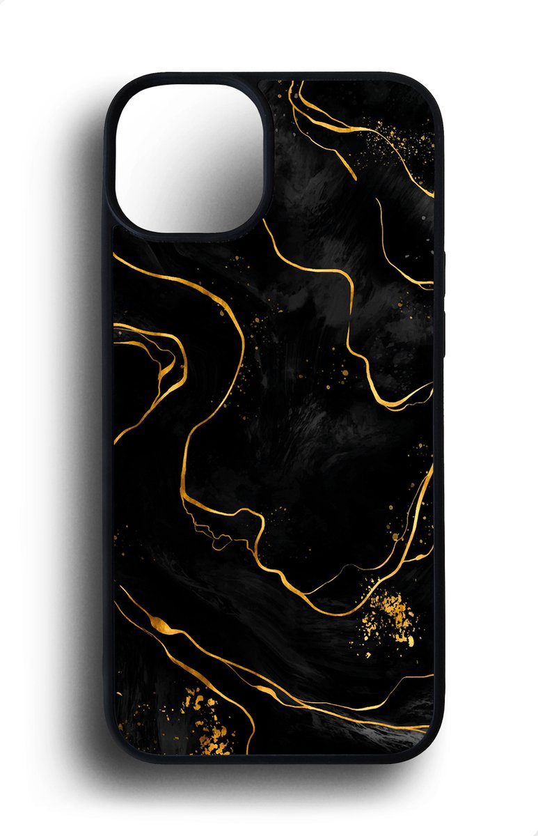 Ako Design Apple iPhone 14 Plus hoesje - Marmer - zwart goud - Hoogglans - TPU Rubber telefoonhoesje - hard backcover
