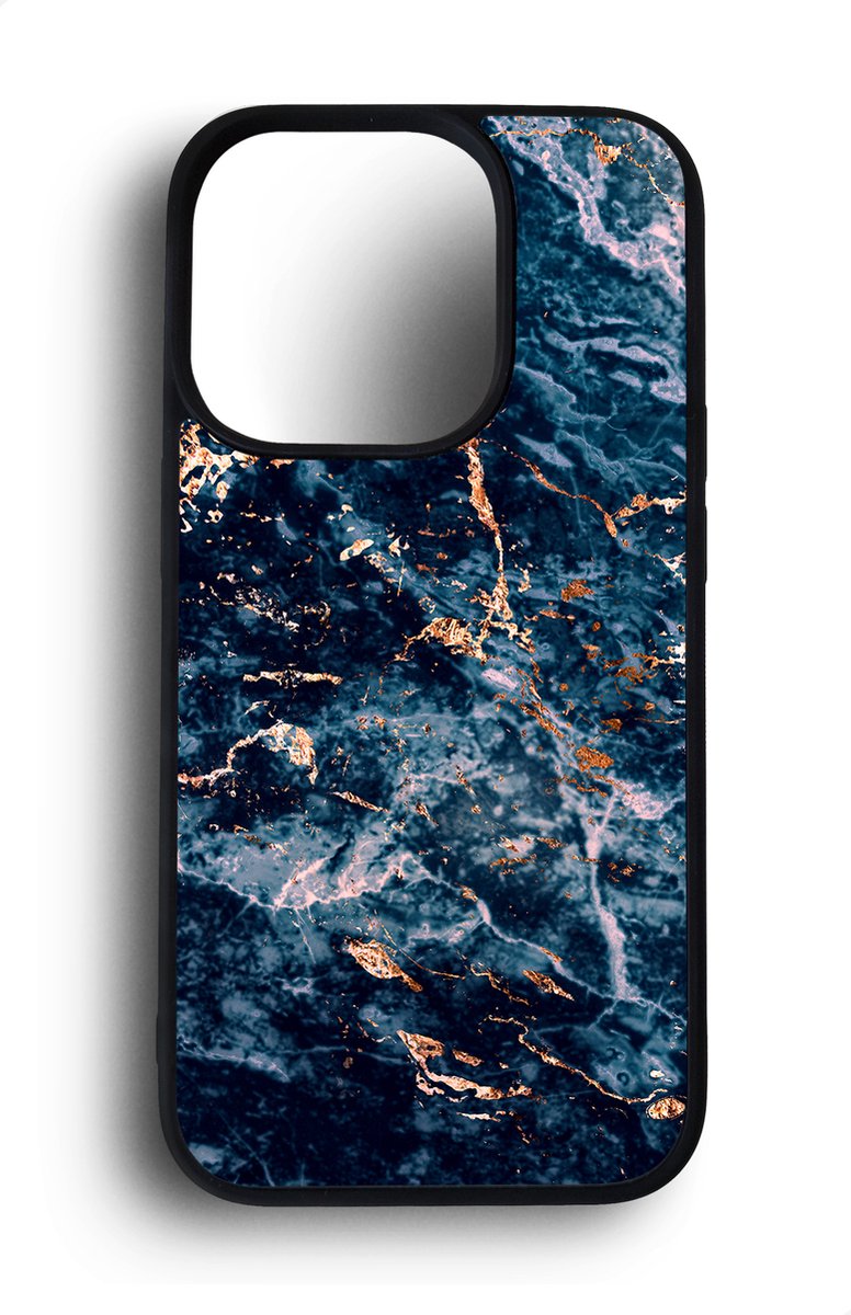 Ako Design Apple iPhone 14 Pro hoesje - Marmer - blauw goud - Hoogglans - TPU Rubber telefoonhoesje - hard backcover