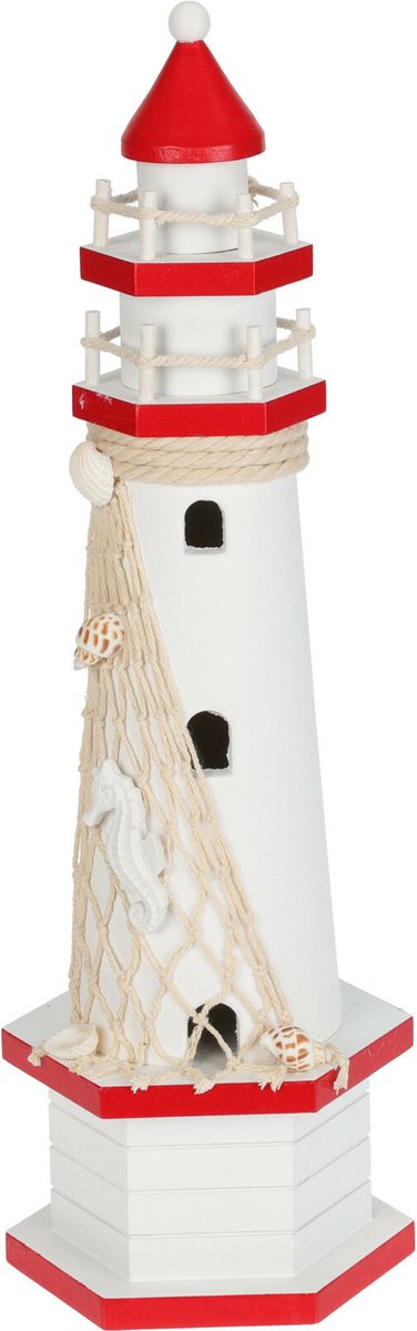 H&S Collection Maritieme decoratie beeldje Vuurtoren - Hout - 10 x 36 cm - rood/wit
