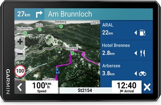 Garmin navigatiesysteem toont route Am Brunnloch met ARAL 22km, Hotel Brennes 2.8km, Arbensee 3.8km. Snelheid 100 km/u.
