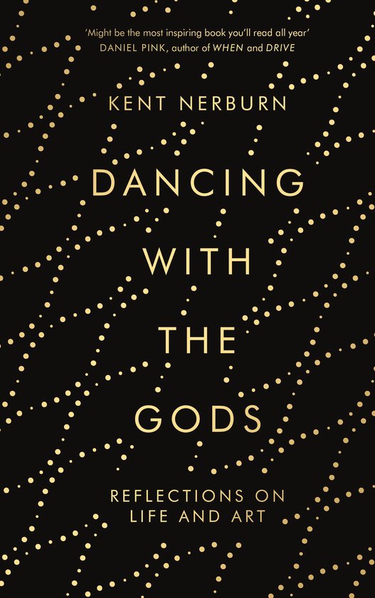 Boek kaft met de titel 'Dancing with the Gods' in gouden letters op een zwarte achtergrond met gouden stippen.