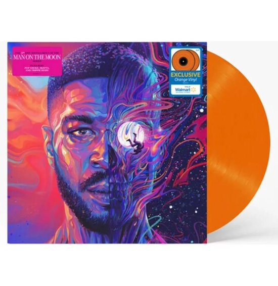 Disque vinyle orange avec sur la pochette un portrait partiel de Kid Cudi et un crâne partiel dans un style cosmique coloré. Vinyle orange exclusif.