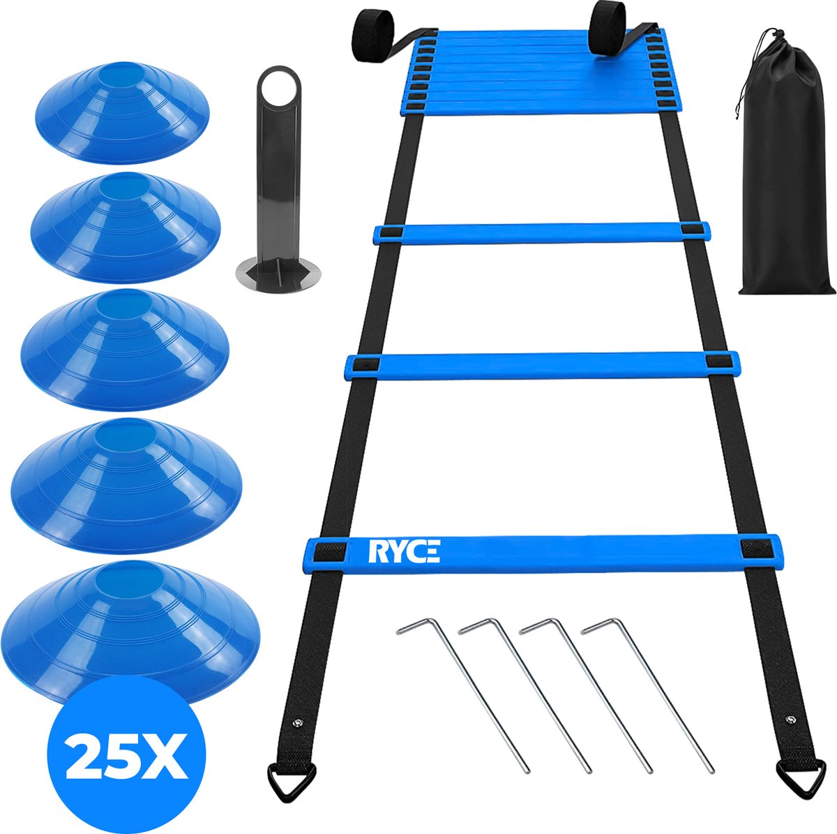 RYCE Sports - Training Set - Trainingsladder 7 meter - Trainingshoedjes 25x - Voetbal spullen - Agility Speedladder - Fitness Loopladder - Pionnen - Voetbal - Trainingsmateriaal - Artikelen - Cones - Blauw