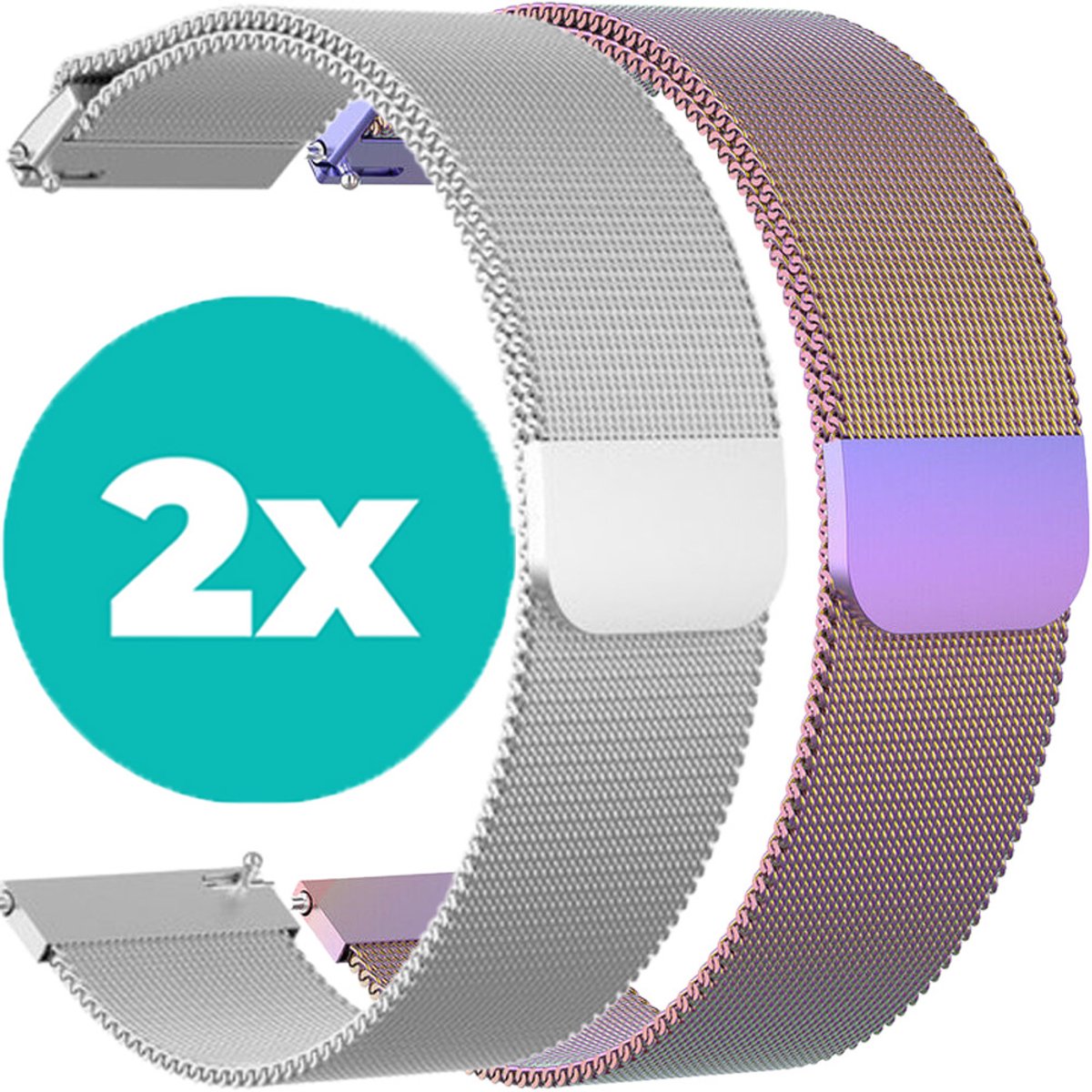Smartwatch bandjes - 2 pack - Milanese band – Zilver – Regenboog - 18mm bandje – set van 2 – Geschikt voor Vivoactive 4s / Garmin Venu 2s / Garmin Vivomove 3s