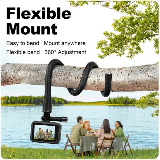 Un support flexible Telesin noir enroulé autour d'un tronc d'arbre, avec une caméra GoPro dessus.