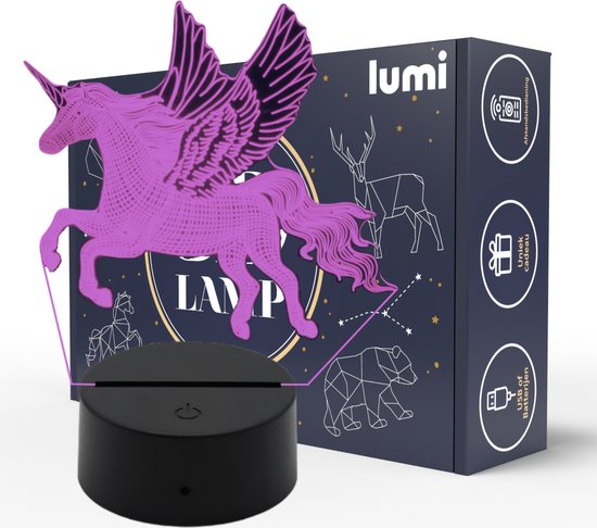 Lumi 3D Lamp - 16 kleuren - Eenhoorn - Unicorn - Dieren - LED Illusie - Bureaulamp - Nachtlampje - Sfeerlamp - Dimbaar - USB of Batterijen - Afstandsbediening - Cadeau voor meisjes - Kinderen