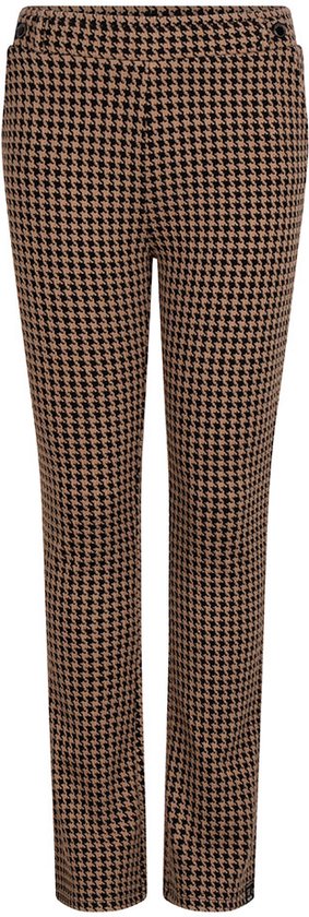 Bruine flair broek met zwart pied-de-poule patroon.