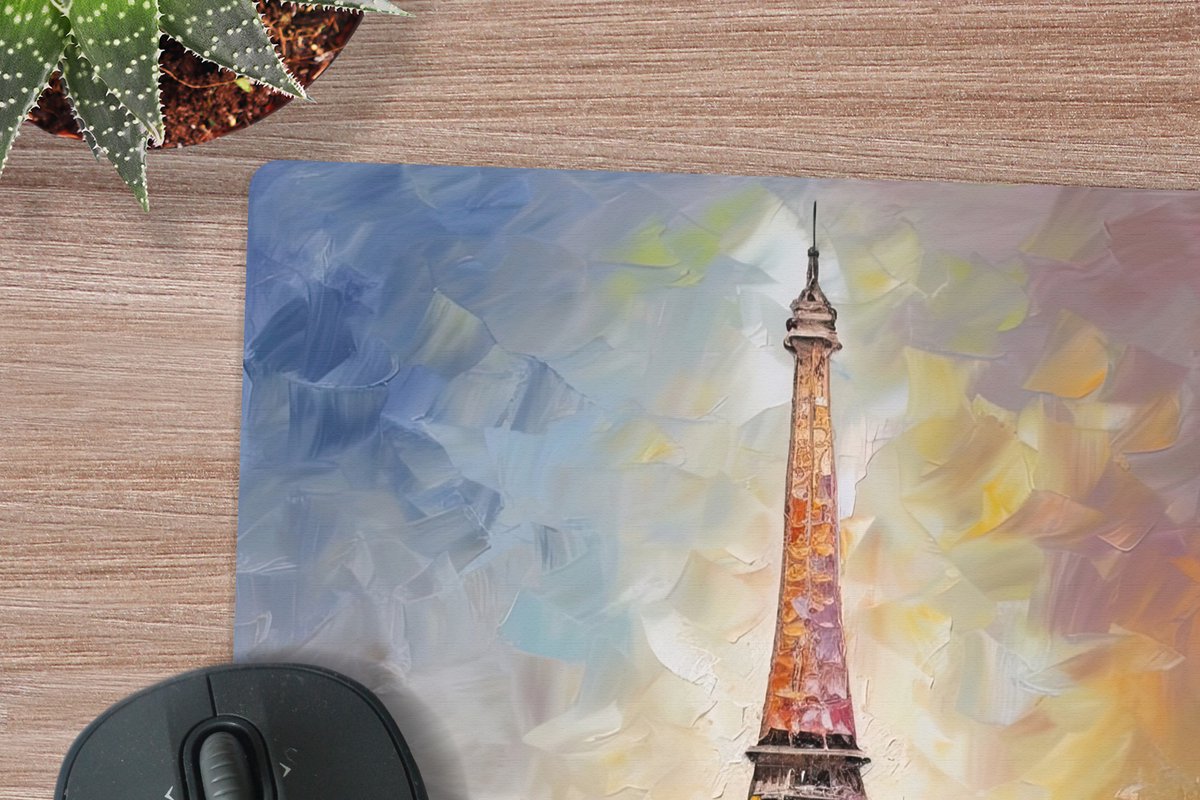 Muismat XXL 50x50 cm - Bureau onderlegger - Bureau mat Eiffeltoren - Schilderij - Olieverf - Parijs - Bureaumat - Gaming mousepad xl - Bureaulegger groot - Computer deskmat