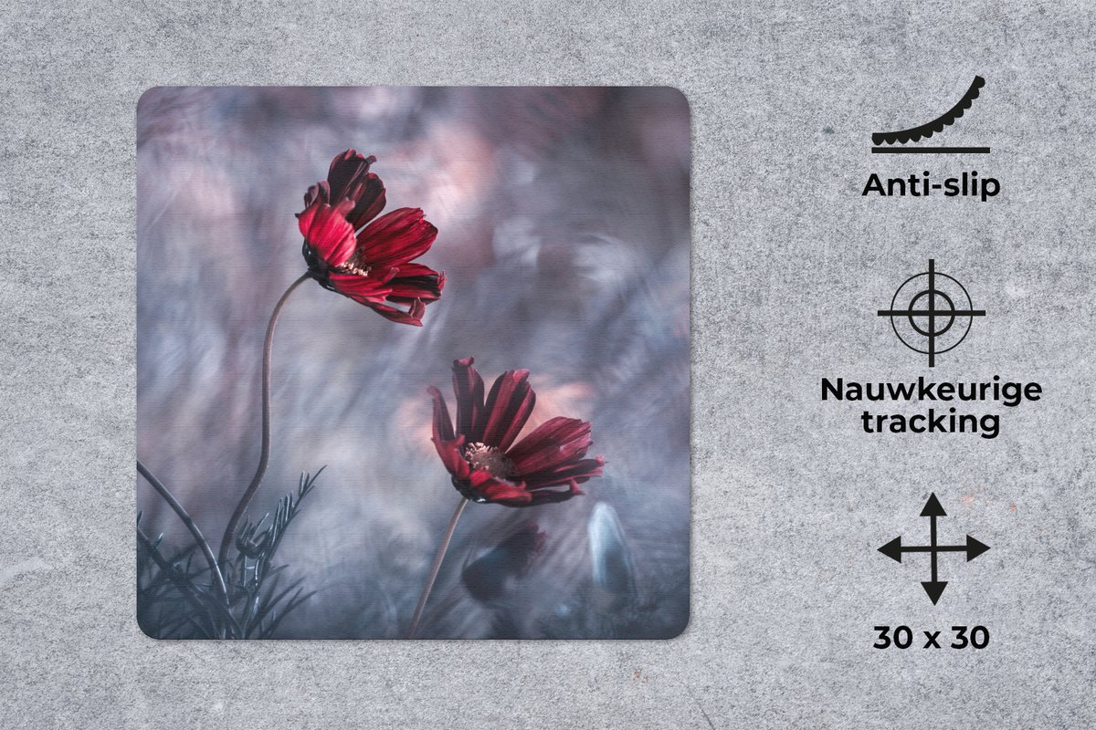 Muismat 30x30 cm - Mousepad Bloemen - Rood - Planten - Natuur - Muismatten
