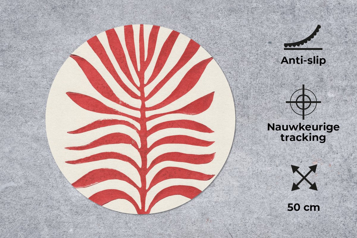 Muismat rond 50x50 cm - Mousepad Plant - Rood - Bladeren - Abstract - Ronde muismatten