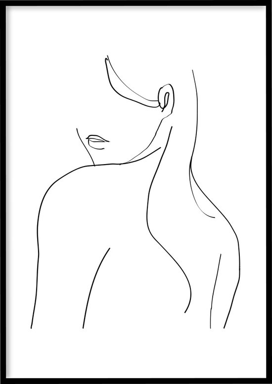 Poster Line Art Woman Long Hair - 30x40 cm met Fotolijst - Line art poster - Abstracte poster - Ingelijst - WALLLL