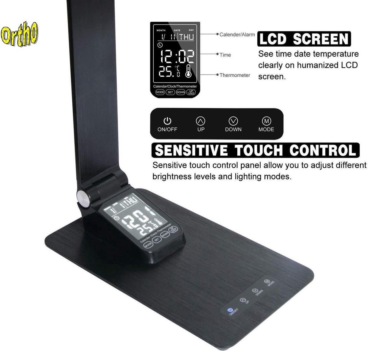 Ortho® - Luxe Bureaulamp Zwart - LED - Warm Wit en Daglicht - Dimbaar - met USB oplaadpoort - incl. Klok - incl. Kalender -Incl. Alarm - Max 12W – 2700K/6500K - Zwart thumbnail 3