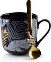 Affekdesign Lola Leaf porseleinen mok met blad patroon en lepel 480ml zwart - inclusief uniek gouden lepel - koffiemok - theemok - exclusieve en elegante uitstraling