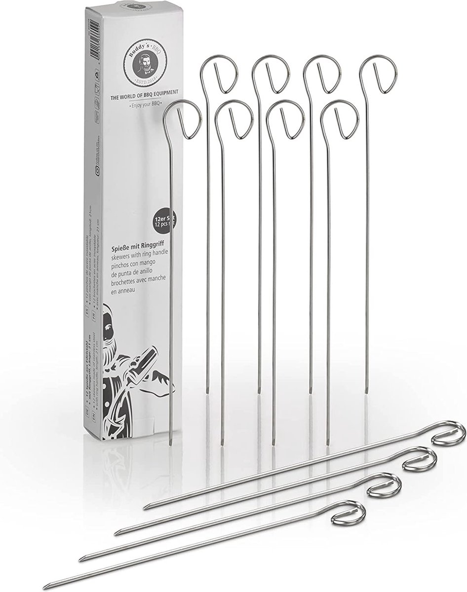 Buddy's BBQ - grillspiezen set - 12 stuks - RVS 21 cm - plat met ringgreep - zilver