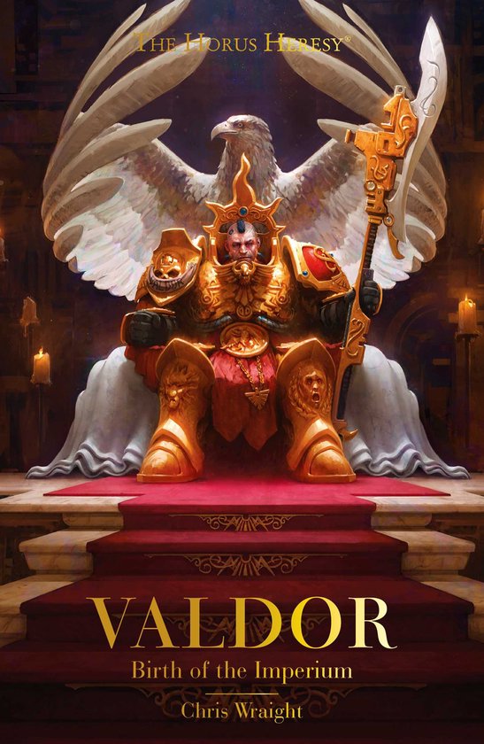 Valdor, geboren uit het Imperium, zittend op een troon met een adelaar en wapen, in gouden pantser.