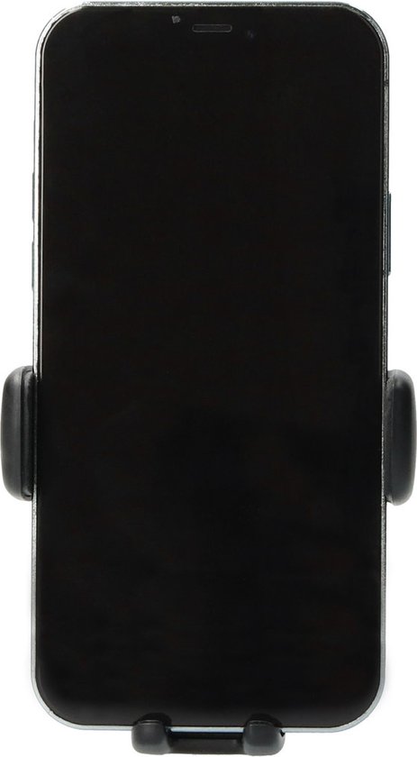 Zwarte telefoonhouder met smartphone, vooraanzicht, met ventilatorklem.