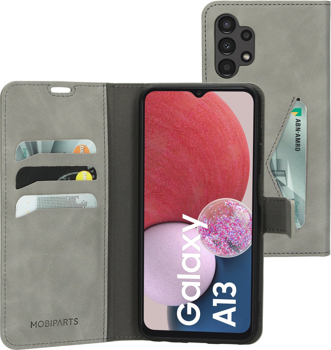 Mobiparts hoesje geschikt voor Samsung Galaxy A13 4G - Wallet/Boekhoesje - Eco Leer - Magneet Sluiting - Opberg vakken - Grijs