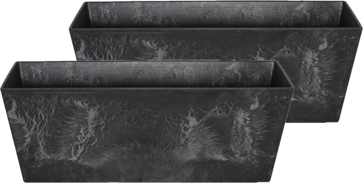 Set van 2x stuks bloempot/plantenpot balkonbak gerecycled kunststof/steenpoeder zwart dia 55x17 H17 cm - Binnen en buiten gebruik
