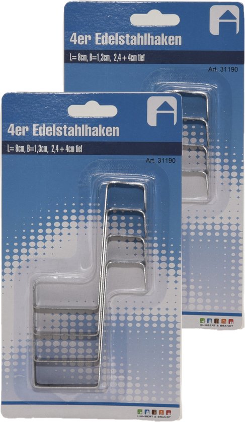 8x RVS deurhaken/ophanghaken 8 x 4 cm - keuken/badkamer ruimtebesparende kapstokhaken