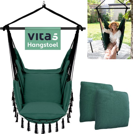 Vita5 XXL Hangstoel | Binnen&Buiten Hangnest | Incl. 2 Kussens en Boekenvak | Volwassenen&Kinderen | Hangmatstoel tot 200kg | Donkergroen