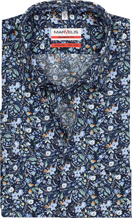 MARVELIS modern fit overhemd - korte mouw - popeline - blauw met gekleurde bloemen dessin - Strijkvrij - Boordmaat: 39
