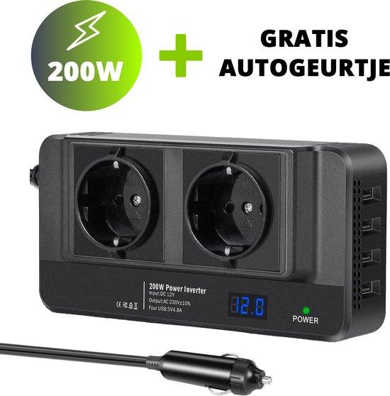 Convertisseur Allume-cigare 12V Vers 230V 200W - 2 Prises EU + 4 Ports USB (2C, 2A) - Affichage Double LED - Pour Voiture, Camping-car