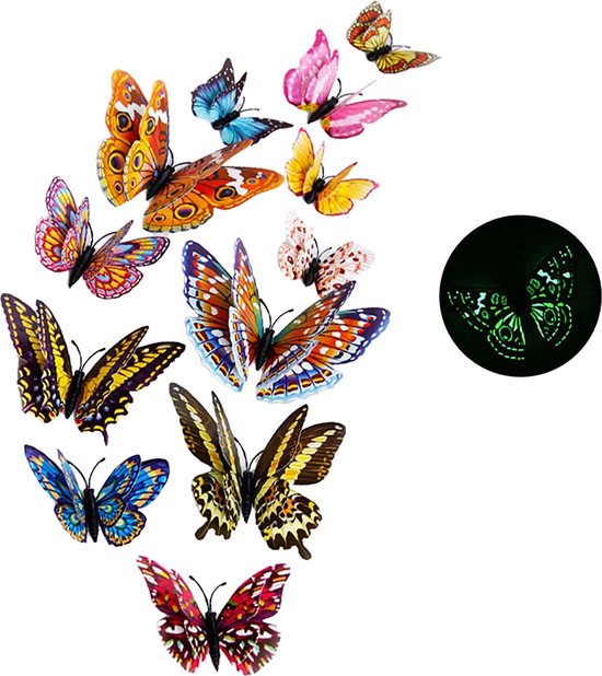 Knaak Glow in the Dark 3D Vlinders Muurstickers Decoratie - Multicolor