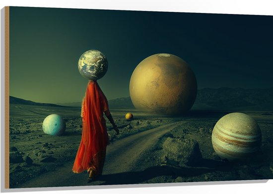 Hout - Vrouw met Aarde op Hoofd Lopend langs andere Planeten - 120x80 cm - 9 mm dik - Foto op Hout (Met Ophangsysteem)