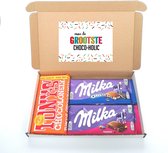 Chocolade cadeau "Voor de grootste Chocoholic" brievenbus cadeau - Tony Chocolonely caramel zeezout - Milka Oreo - Milka confetti