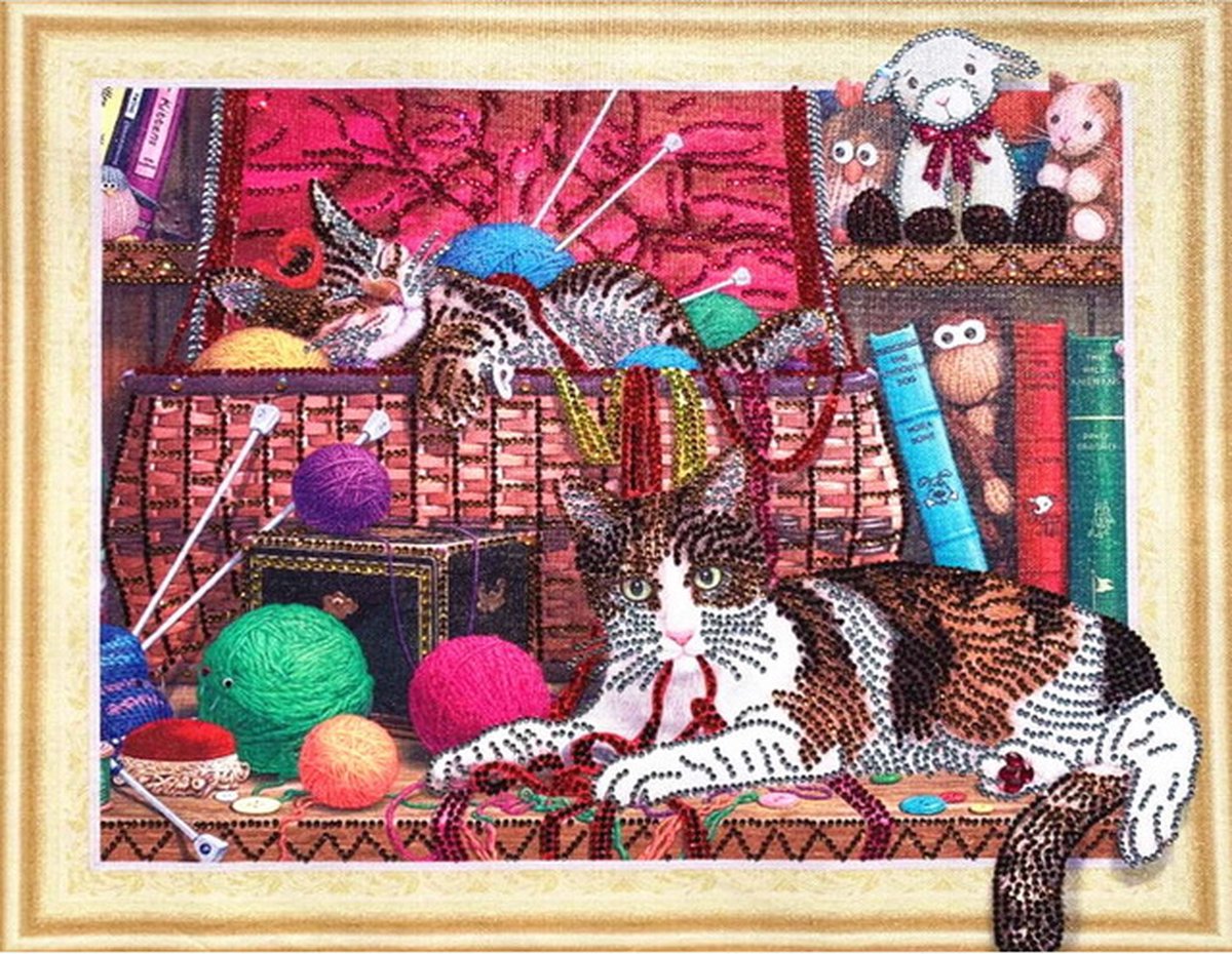 Diamond painting op canvas - gespannen doek - met speciale vormen van steentjes - 40 x 50 cm - Poezen, katten met bollen wol