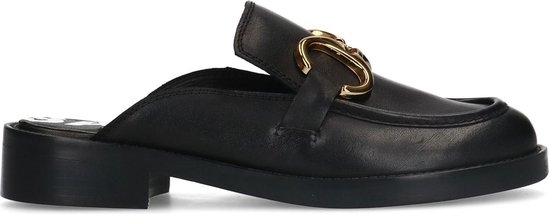 Sacha Dames Zwarte leren loafer muiltjes met goudkleurige